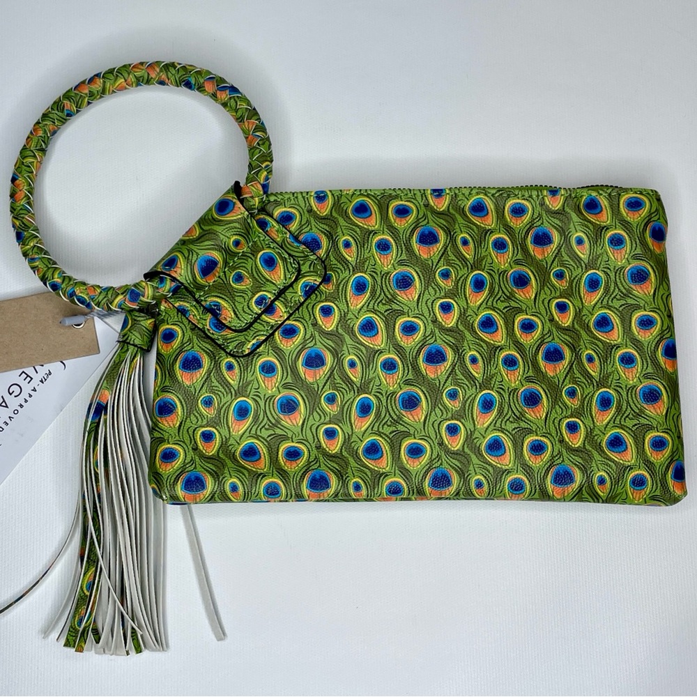 Calin Collection Peacock Clutch Bag Vegan Leather Zip Wristlet Purse 10x6 Tassel